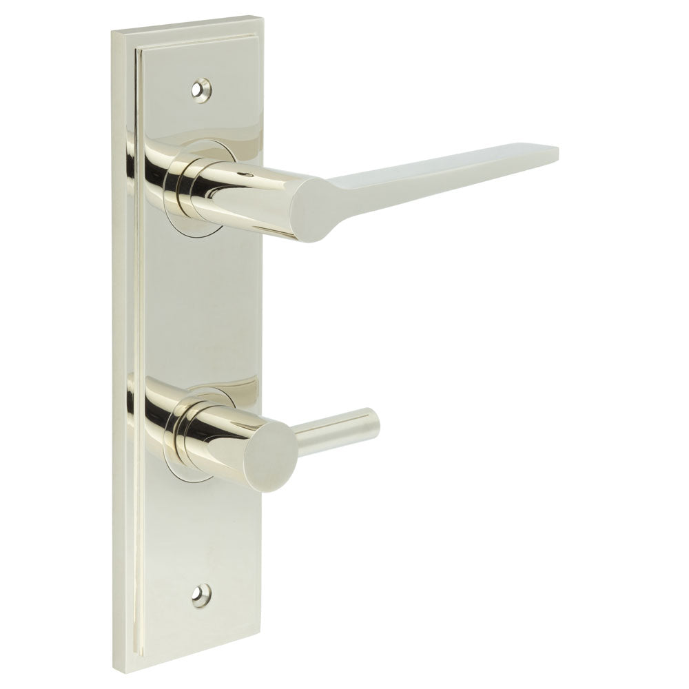 This is an image showing the Frelan - Knightsbridge Door Handle Din Bathroom Backplate Polished Nickel & Turn & Release available to order from T.H. Wiggans Ironmongery in Kendal