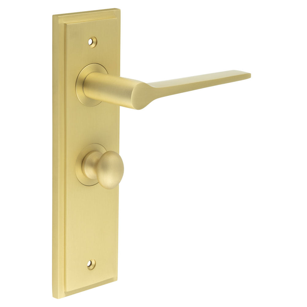 This is an image showing the Frelan - Knightsbridge Door Handle Bathroom Backplate Satin Brass & Turn & Release available to order from T.H. Wiggans Ironmongery in Kendal