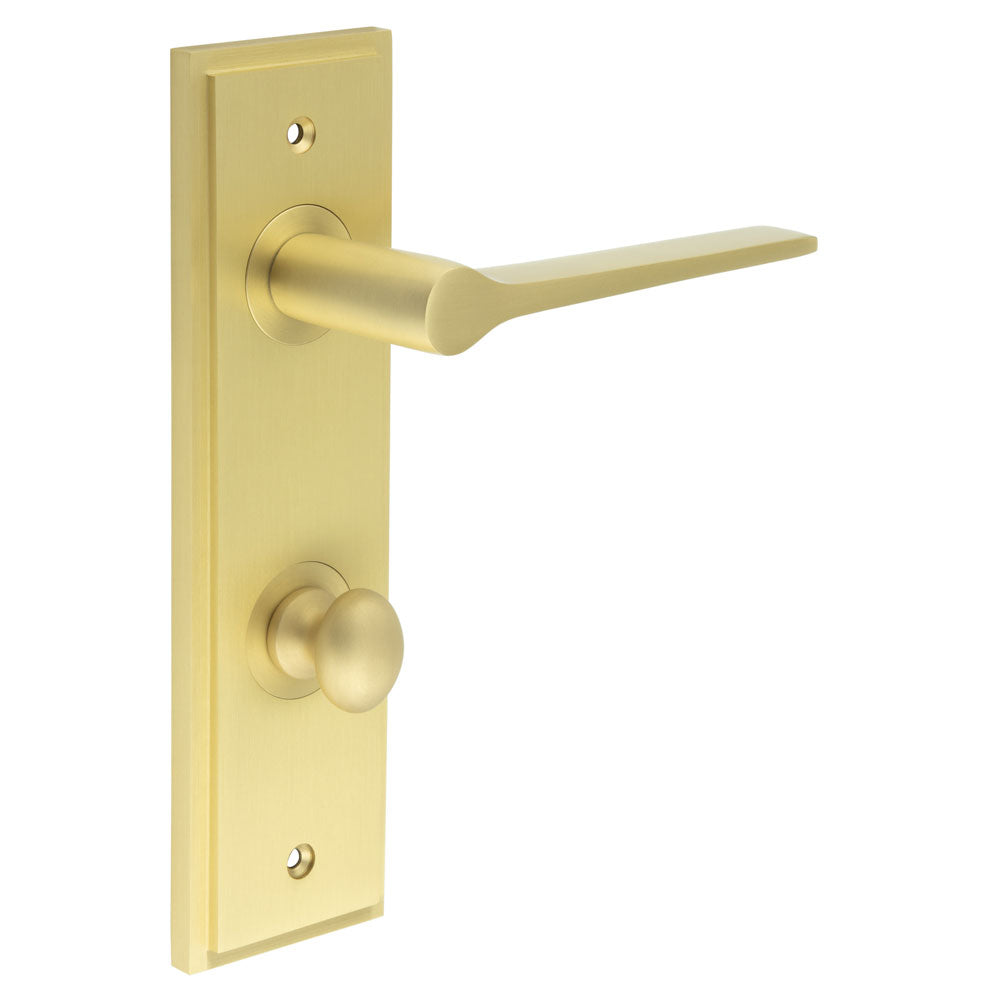 This is an image showing the Frelan - Knightsbridge Door Handle Din Bathroom Backplate Satin Brass & Turn & Release available to order from T.H. Wiggans Ironmongery in Kendal