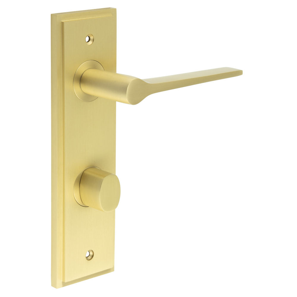 This is an image showing the Frelan - Knightsbridge Door Handle Din Bathroom Backplate Satin Brass & Turn & Release available to order from T.H. Wiggans Ironmongery in Kendal