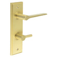 This is an image showing the Frelan - Knightsbridge Door Handle Din Bathroom Backplate Satin Brass & Turn & Release available to order from T.H. Wiggans Ironmongery in Kendal