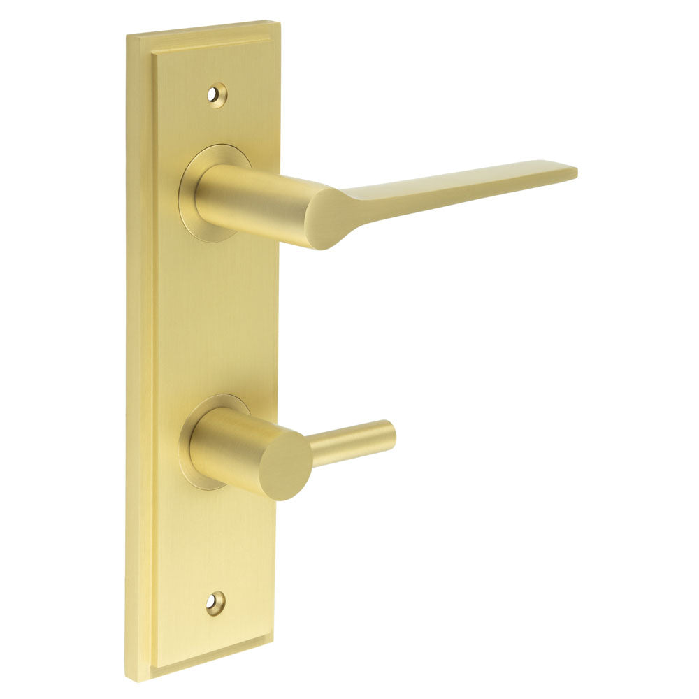 This is an image showing the Frelan - Knightsbridge Door Handle Din Bathroom Backplate Satin Brass & Turn & Release available to order from T.H. Wiggans Ironmongery in Kendal