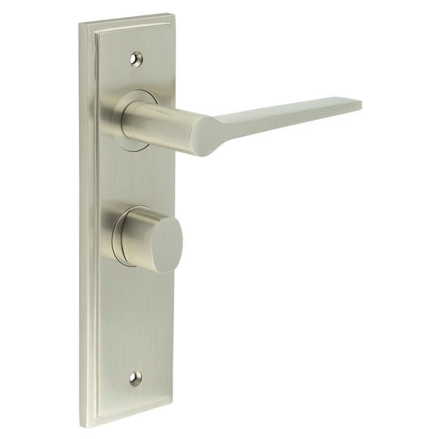 This is an image showing the Frelan - Knightsbridge Door Handle Bathroom Backplate Satin Nickel & Turn & Release available to order from T.H. Wiggans Ironmongery in Kendal