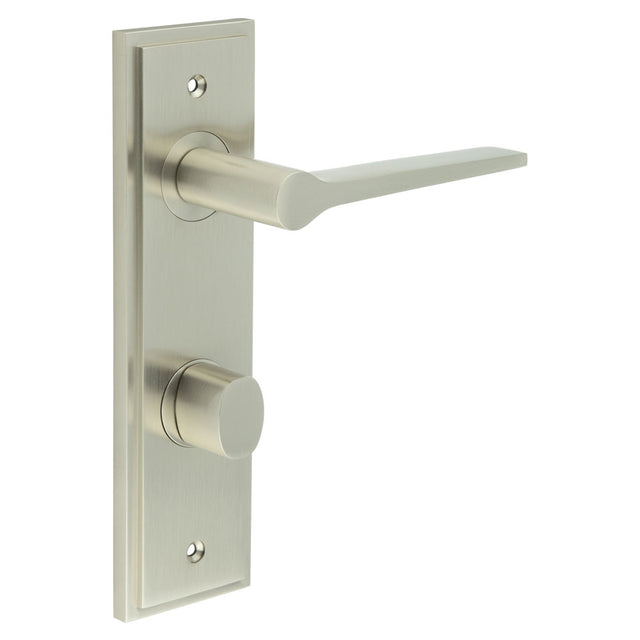 This is an image showing the Frelan - Knightsbridge Door Handle Din Bathroom Backplate Satin Nickel & Turn & Release available to order from T.H. Wiggans Ironmongery in Kendal