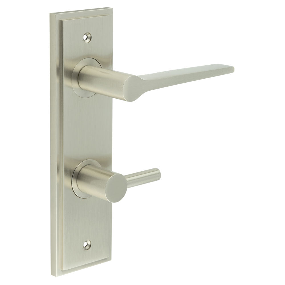 This is an image showing the Frelan - Knightsbridge Door Handle Din Bathroom Backplate Satin Nickel & Turn & Release available to order from T.H. Wiggans Ironmongery in Kendal