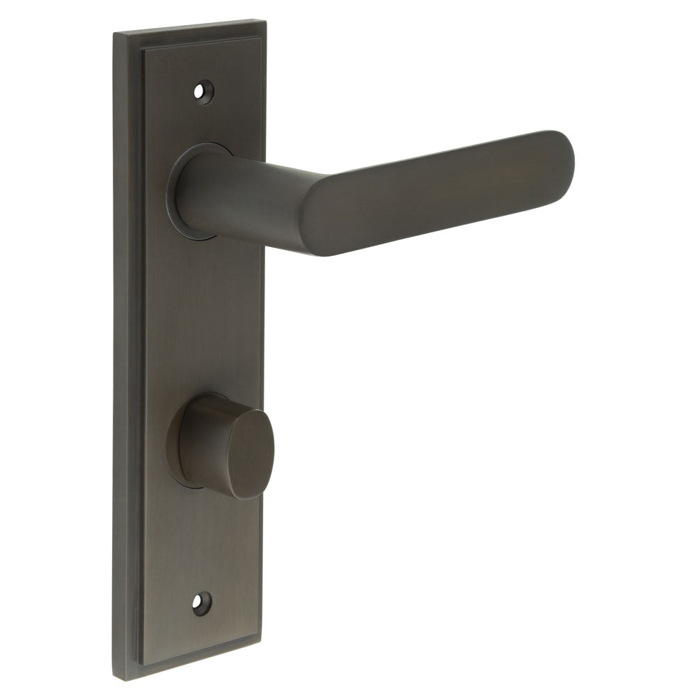 This is an image showing the Frelan - Kensington Door Handle Din Bathroom Backplate Dark Bronze & Turn & Release available to order from T.H. Wiggans Ironmongery in Kendal