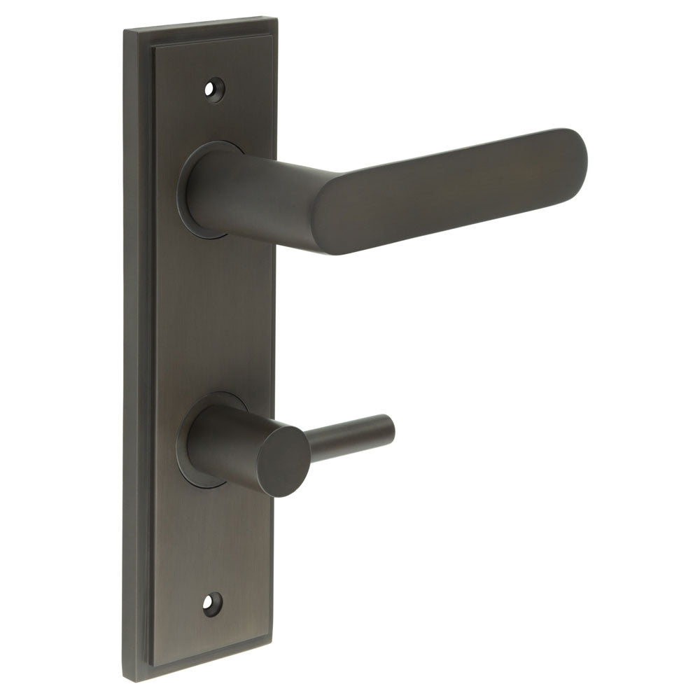 This is an image showing the Frelan - Kensington Door Handle Din Bathroom Backplate Dark Bronze & Turn & Release available to order from T.H. Wiggans Ironmongery in Kendal