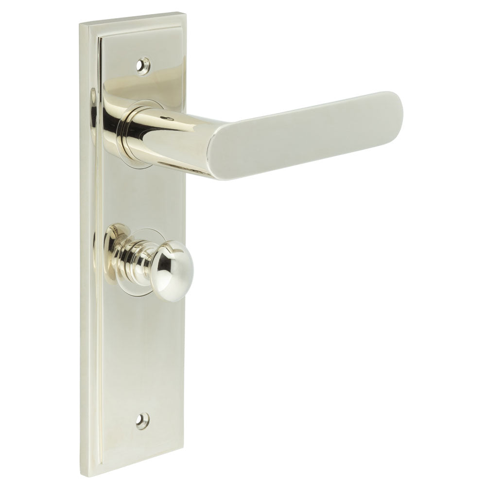 This is an image showing the Frelan - Kensington Door Handle Bathroom Backplate Polished Nickel & Turn & Release available to order from T.H. Wiggans Ironmongery in Kendal