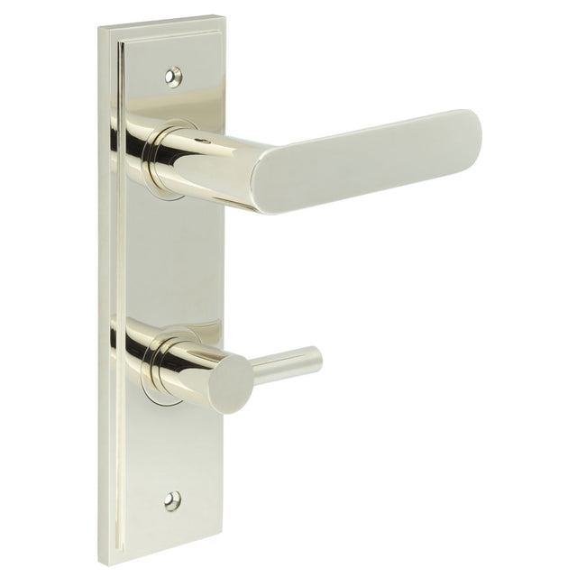 This is an image showing the Frelan - Kensington Door Handle Din Bathroom Backplate Polished Nickel & Turn & Release available to order from T.H. Wiggans Ironmongery in Kendal