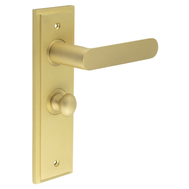 This is an image showing the Frelan - Kensington Door Handle Bathroom Backplate Satin Brass & Turn & Release available to order from T.H. Wiggans Ironmongery in Kendal