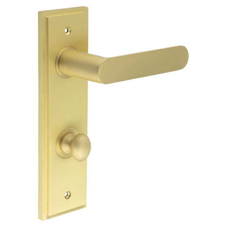 This is an image showing the Frelan - Kensington Door Handle Din Bathroom Backplate Satin Brass & Turn & Release available to order from T.H. Wiggans Ironmongery in Kendal