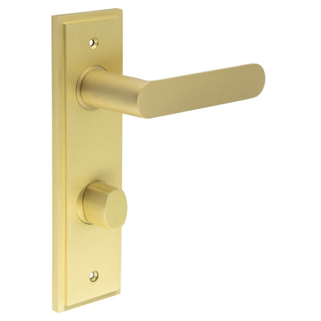 This is an image showing the Frelan - Kensington Door Handle Din Bathroom Backplate Satin Brass & Turn & Release available to order from T.H. Wiggans Ironmongery in Kendal