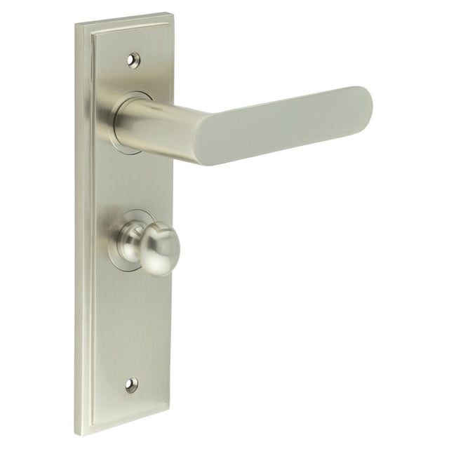 This is an image showing the Frelan - Kensington Door Handle Bathroom Backplate Satin Nickel & Turn & Release available to order from T.H. Wiggans Ironmongery in Kendal