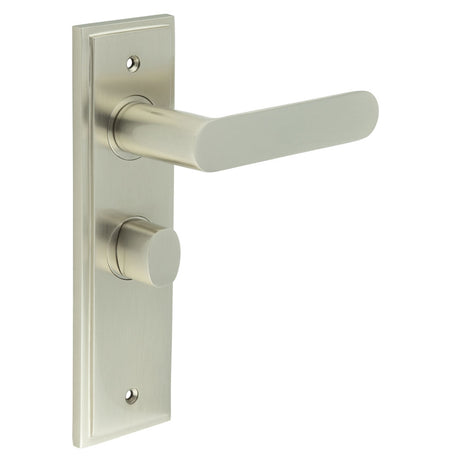 This is an image showing the Frelan - Kensington Door Handle Bathroom Backplate Satin Nickel & Turn & Release available to order from T.H. Wiggans Ironmongery in Kendal