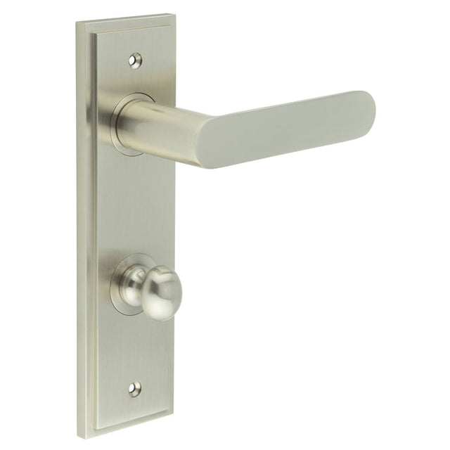 This is an image showing the Frelan - Kensington Door Handle Din Bathroom Backplate Satin Nickel & Turn & Release available to order from T.H. Wiggans Ironmongery in Kendal