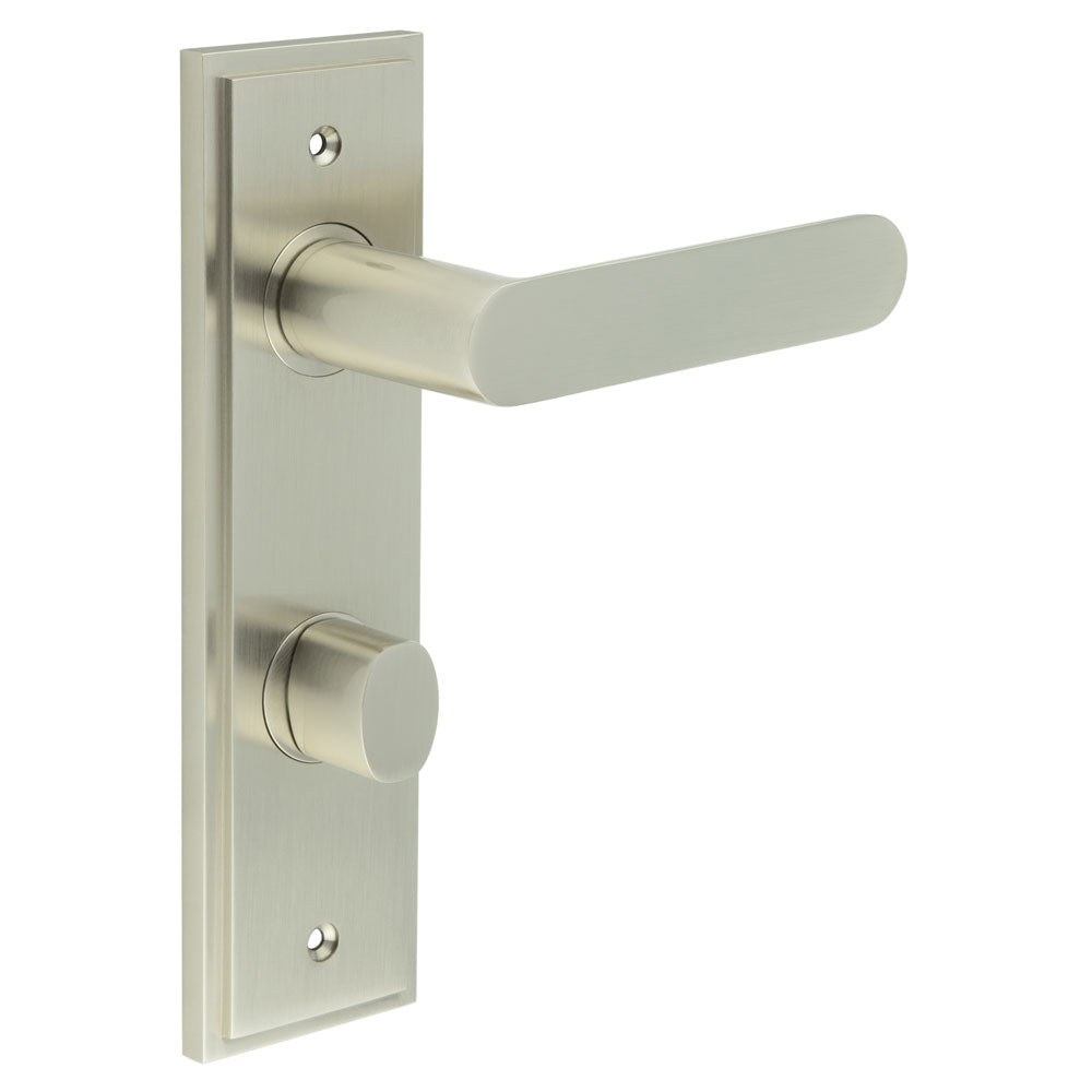 This is an image showing the Frelan - Kensington Door Handle Din Bathroom Backplate Satin Nickel & Turn & Release available to order from T.H. Wiggans Ironmongery in Kendal