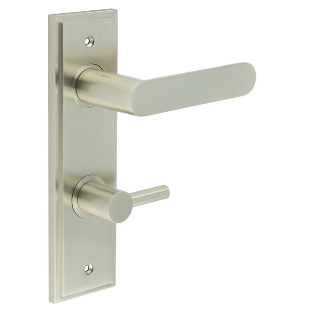 This is an image showing the Frelan - Kensington Door Handle Din Bathroom Backplate Satin Nickel & Turn & Release available to order from T.H. Wiggans Ironmongery in Kendal