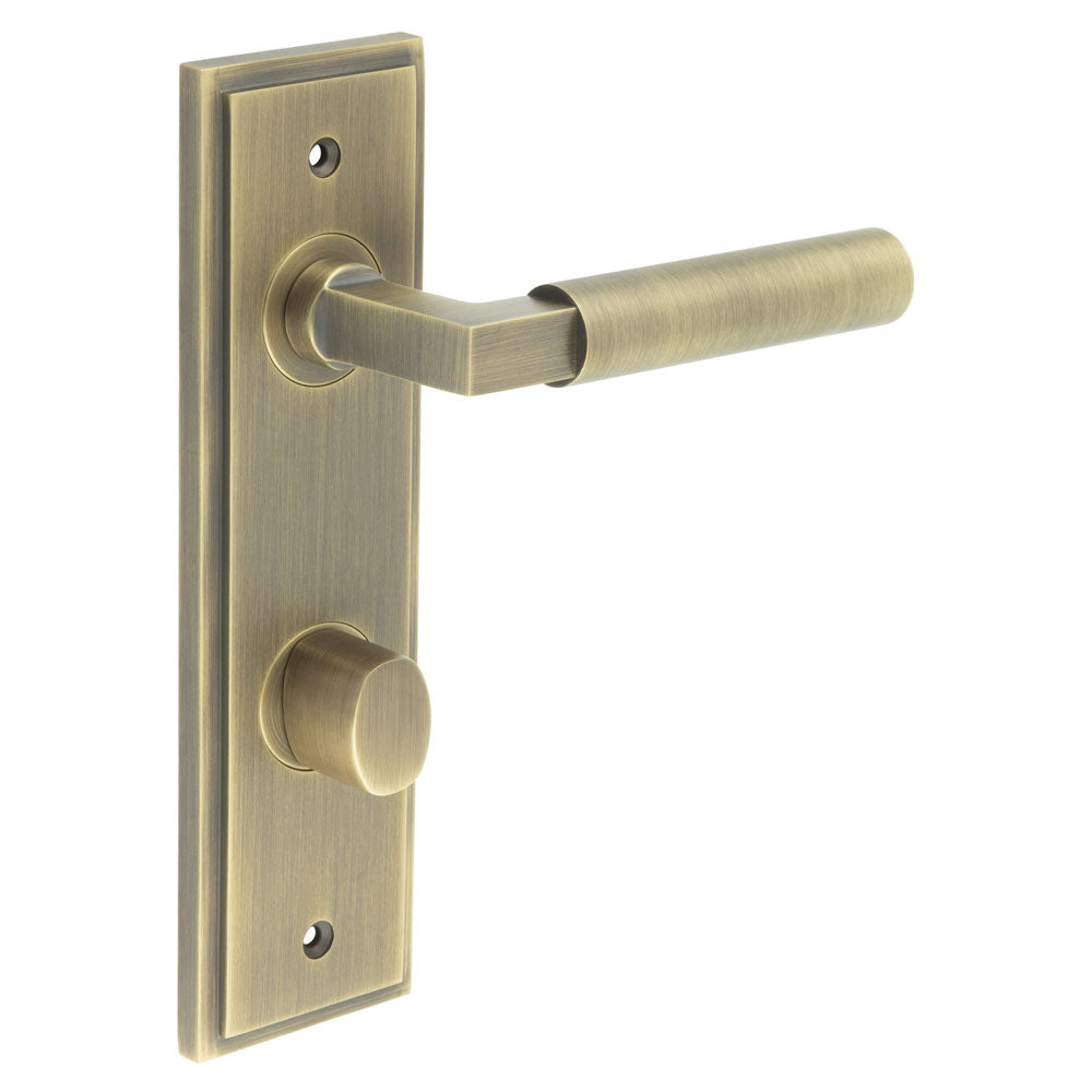 This is an image showing the Frelan - Westminster Door Handle Din Bathroom Backplate Antique Brass & Turn & Release available to order from T.H. Wiggans Ironmongery in Kendal