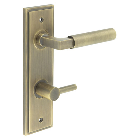 This is an image showing the Frelan - Westminster Door Handle Din Bathroom Backplate Antique Brass & Turn & Release available to order from T.H. Wiggans Ironmongery in Kendal