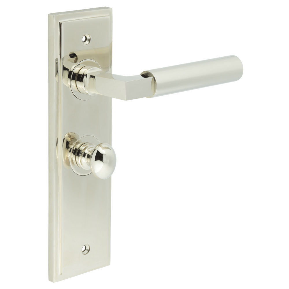 This is an image showing the Frelan - Westminster Door Handle Bathroom Backplate Polished Nickel & Turn & Release available to order from T.H. Wiggans Ironmongery in Kendal