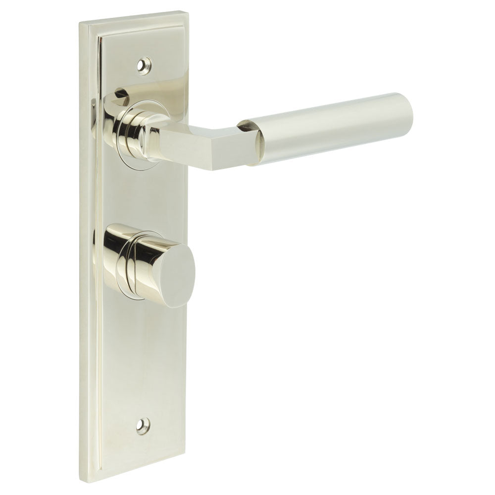 This is an image showing the Frelan - Westminster Door Handle Bathroom Backplate Polished Nickel & Turn & Release available to order from T.H. Wiggans Ironmongery in Kendal