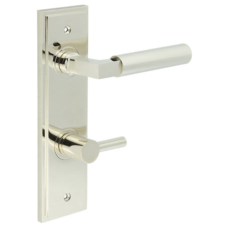 This is an image showing the Frelan - Westminster Door Handle Din Bathroom Backplate Polished Nickel & Turn & Release available to order from T.H. Wiggans Ironmongery in Kendal