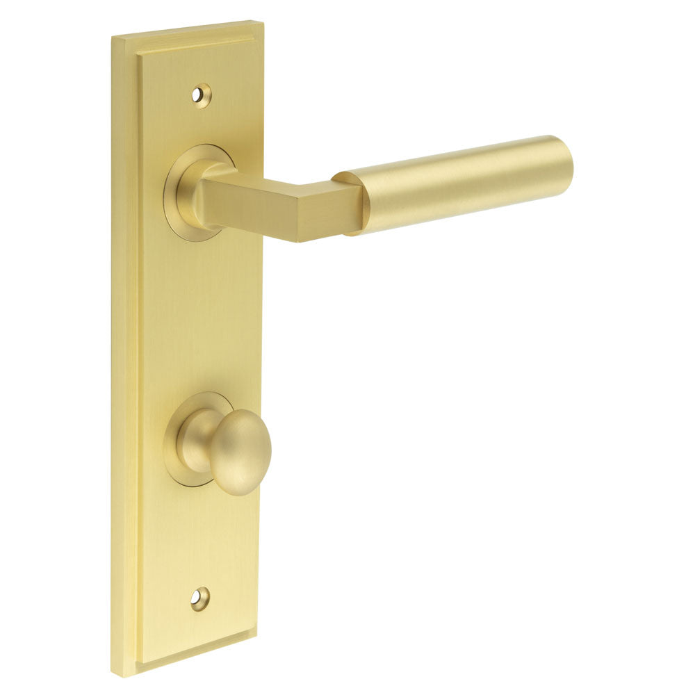 This is an image showing the Frelan - Westminster Door Handle Din Bathroom Backplate Satin Brass & Turn & Release available to order from T.H. Wiggans Ironmongery in Kendal