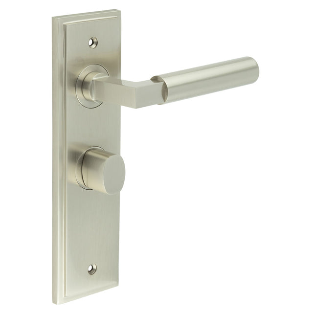 This is an image showing the Frelan - Westminster Door Handle Bathroom Backplate Satin Nickel & Turn & Release available to order from T.H. Wiggans Ironmongery in Kendal