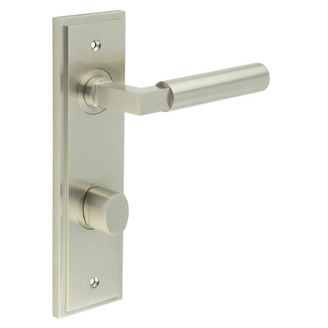 This is an image showing the Frelan - Westminster Door Handle Din Bathroom Backplate Satin Nickel & Turn & Release available to order from T.H. Wiggans Ironmongery in Kendal