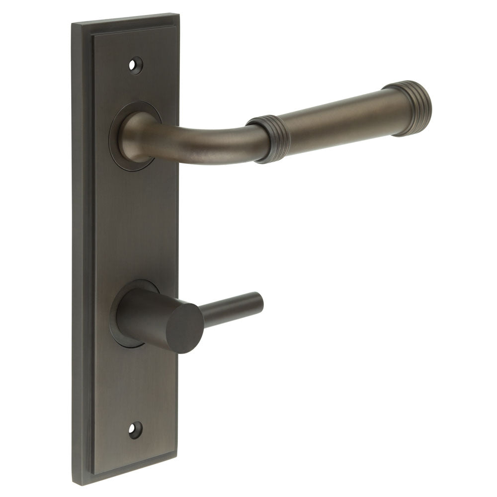 This is an image showing the Frelan - Highgate Door Handle Din Bathroom Backplate Dark Bronze & Turn & Release available to order from T.H. Wiggans Ironmongery in Kendal