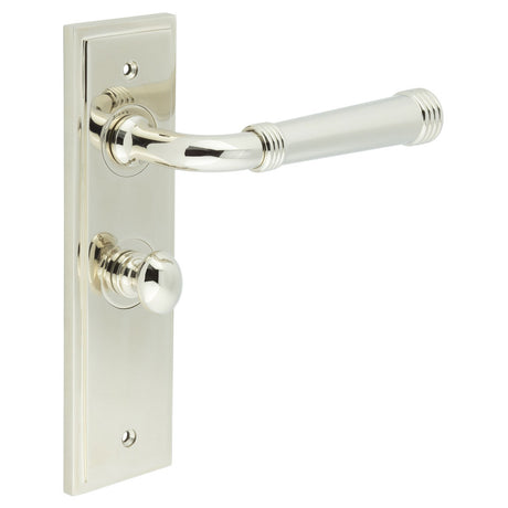 This is an image showing the Frelan - Highgate Door Handle Bathroom Backplate Polished Nickel & Turn & Release available to order from T.H. Wiggans Ironmongery in Kendal