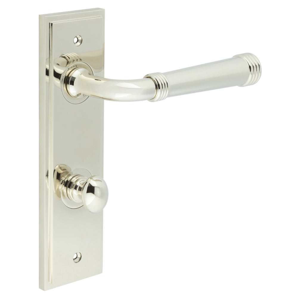 This is an image showing the Frelan - Highgate Door Handle Din Bathroom Backplate Polished Nickel & Turn & Release available to order from T.H. Wiggans Ironmongery in Kendal