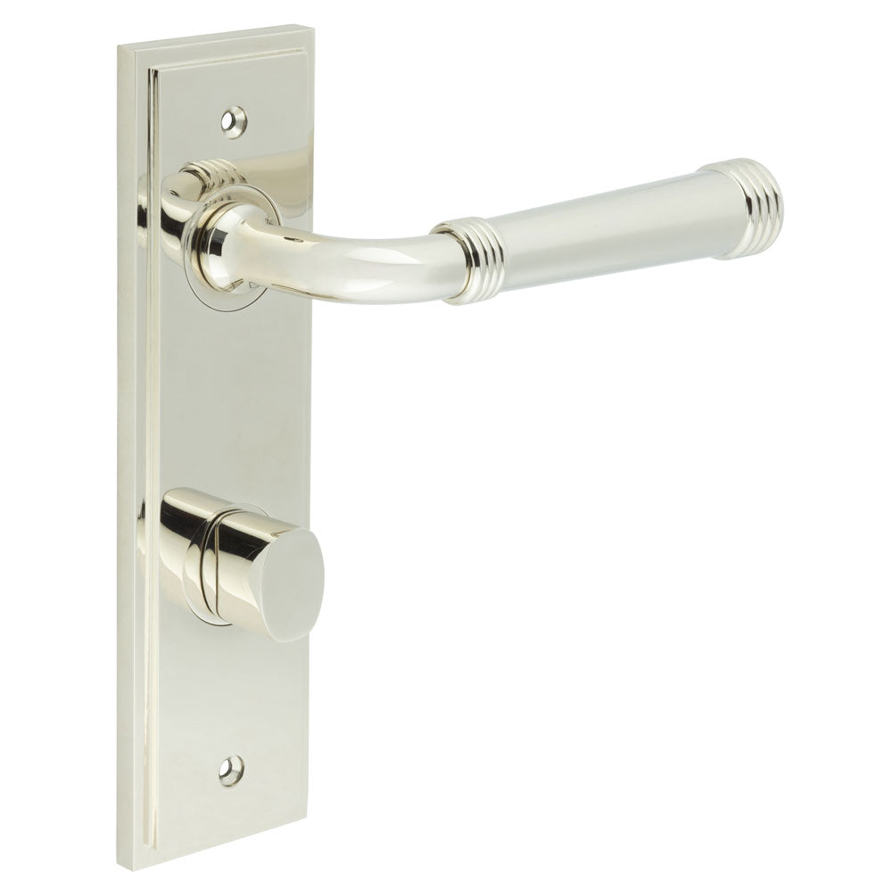 This is an image showing the Frelan - Highgate Door Handle Din Bathroom Backplate Polished Nickel & Turn & Release available to order from T.H. Wiggans Ironmongery in Kendal