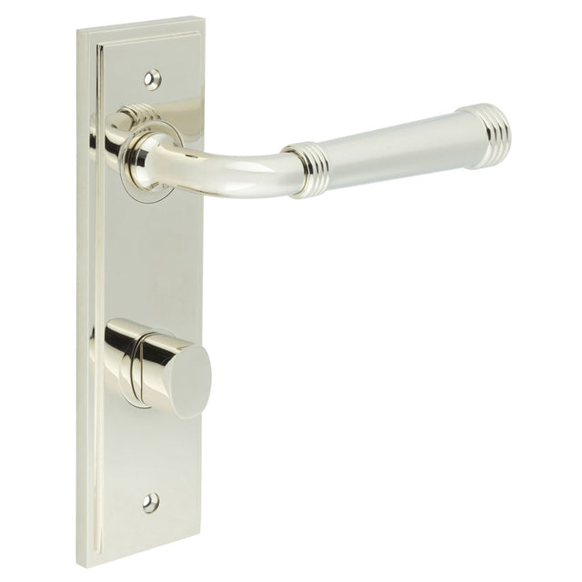 This is an image showing the Frelan - Highgate Door Handle Din Bathroom Backplate Polished Nickel & Turn & Release available to order from T.H. Wiggans Ironmongery in Kendal