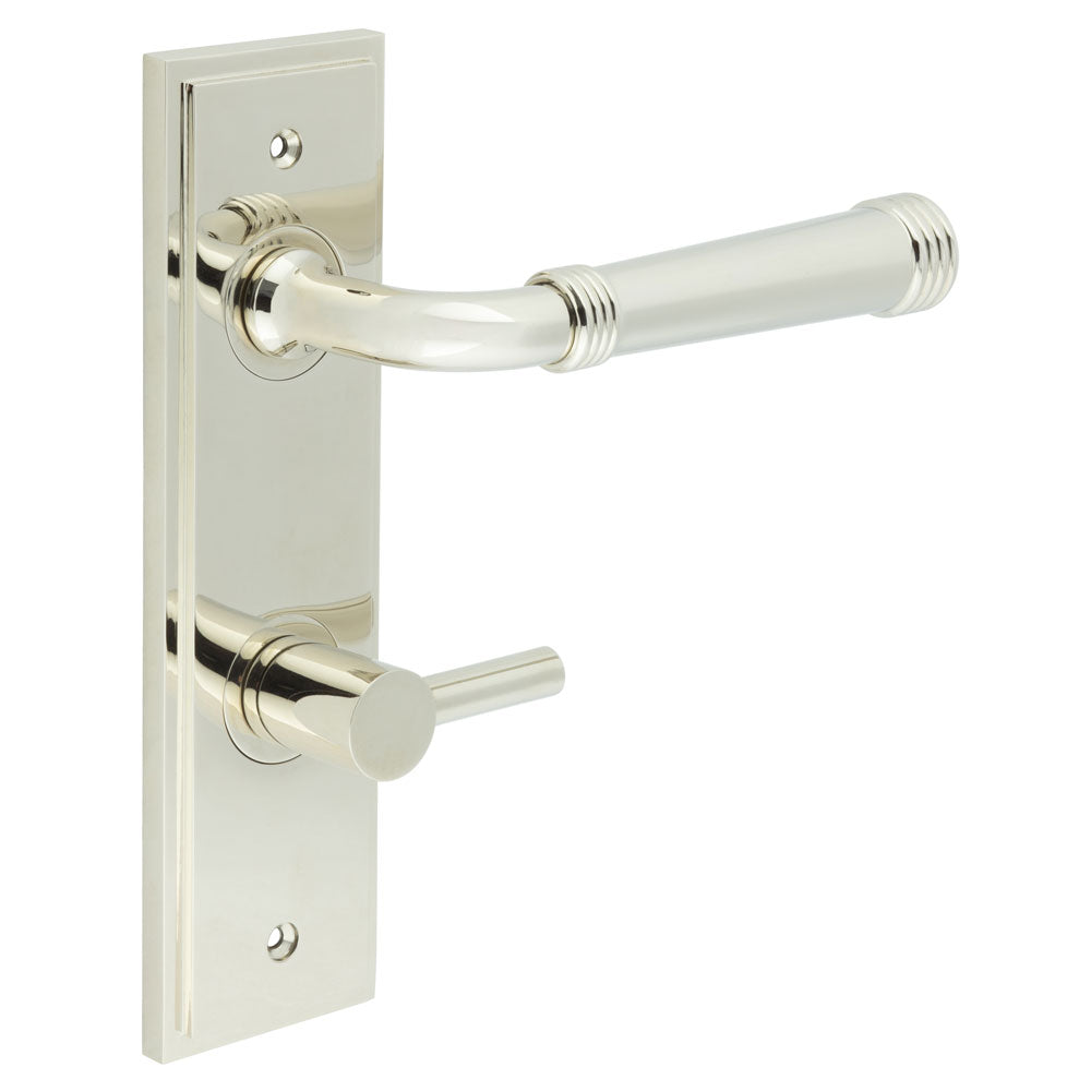 This is an image showing the Frelan - Highgate Door Handle Din Bathroom Backplate Polished Nickel & Turn & Release available to order from T.H. Wiggans Ironmongery in Kendal