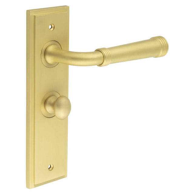 This is an image showing the Frelan - Highgate Door Handle Bathroom Backplate Satin Brass & Turn & Release available to order from T.H. Wiggans Ironmongery in Kendal