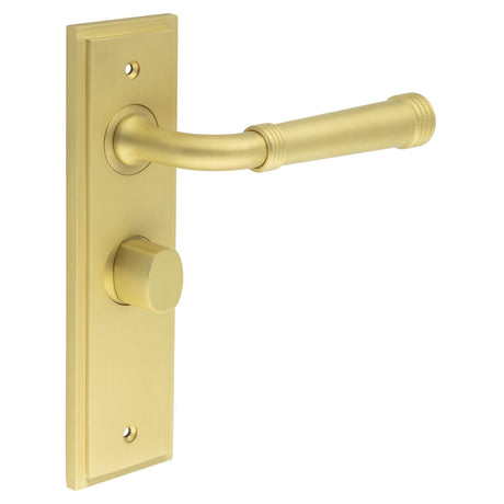 This is an image showing the Frelan - Highgate Door Handle Bathroom Backplate Satin Brass & Turn & Release available to order from T.H. Wiggans Ironmongery in Kendal