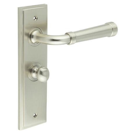 This is an image showing the Frelan - Highgate Door Handle Bathroom Backplate Satin Nickel & Turn & Release available to order from T.H. Wiggans Ironmongery in Kendal