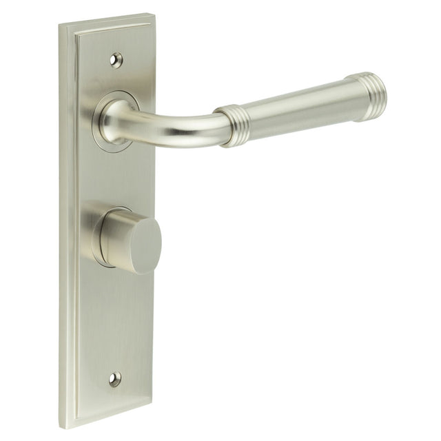 This is an image showing the Frelan - Highgate Door Handle Bathroom Backplate Satin Nickel & Turn & Release available to order from T.H. Wiggans Ironmongery in Kendal