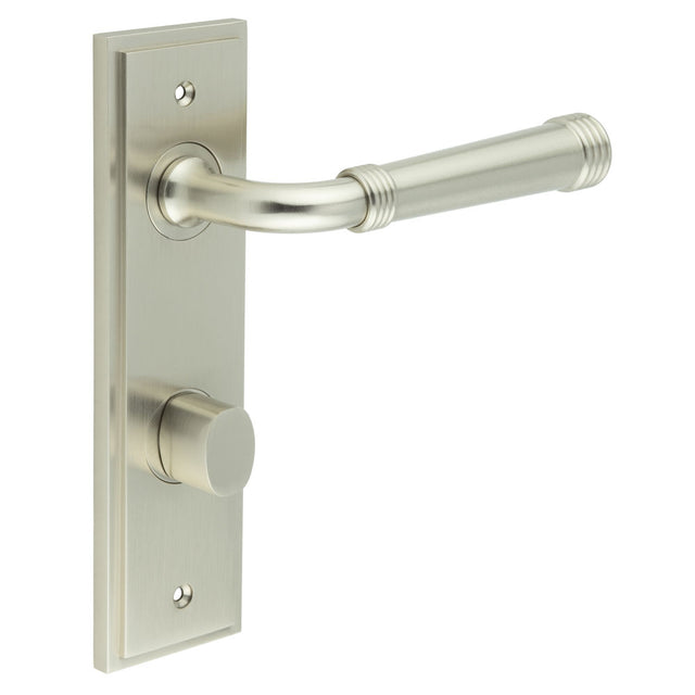 This is an image showing the Frelan - Highgate Door Handle Din Bathroom Backplate Satin Nickel & Turn & Release available to order from T.H. Wiggans Ironmongery in Kendal