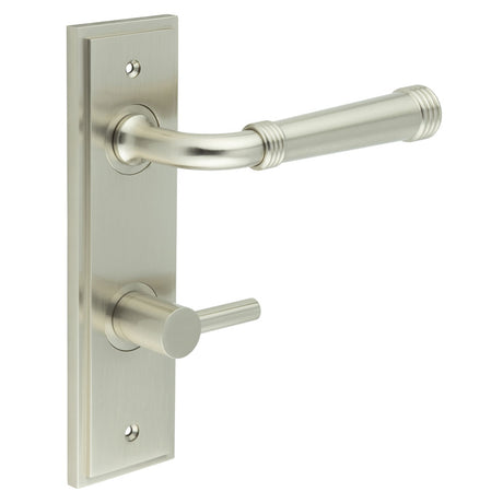 This is an image showing the Frelan - Highgate Door Handle Din Bathroom Backplate Satin Nickel & Turn & Release available to order from T.H. Wiggans Ironmongery in Kendal