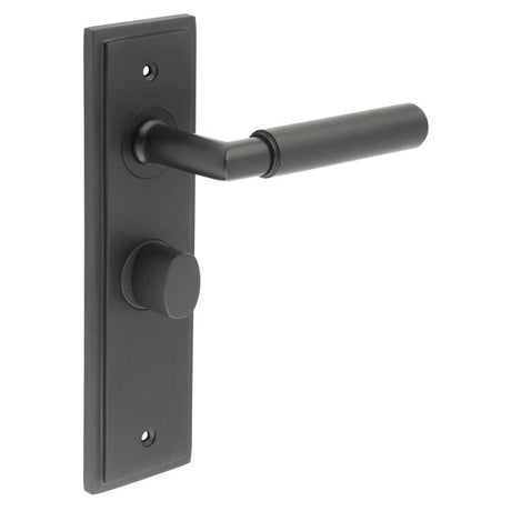 This is an image showing the Frelan - Piccadilly Door Handle Bathroom Backplate Black & Turn & Release available to order from T.H. Wiggans Ironmongery in Kendal