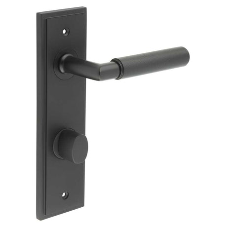 This is an image showing the Frelan - Piccadilly Door Handle Din Bathroom Backplate Black & Turn & Release available to order from T.H. Wiggans Ironmongery in Kendal