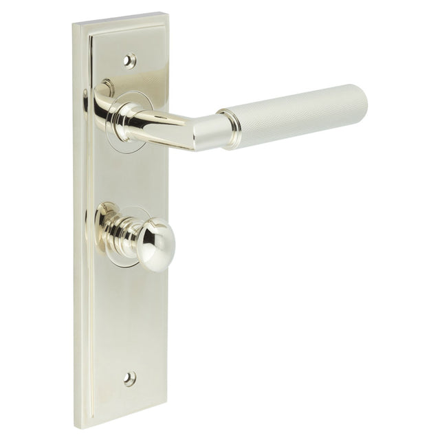 This is an image showing the Frelan - Piccadilly Door Handle Bathroom Backplate Polished Nickel & Turn & Release available to order from T.H. Wiggans Ironmongery in Kendal