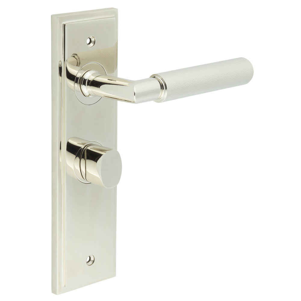 This is an image showing the Frelan - Piccadilly Door Handle Bathroom Backplate Polished Nickel & Turn & Release available to order from T.H. Wiggans Ironmongery in Kendal