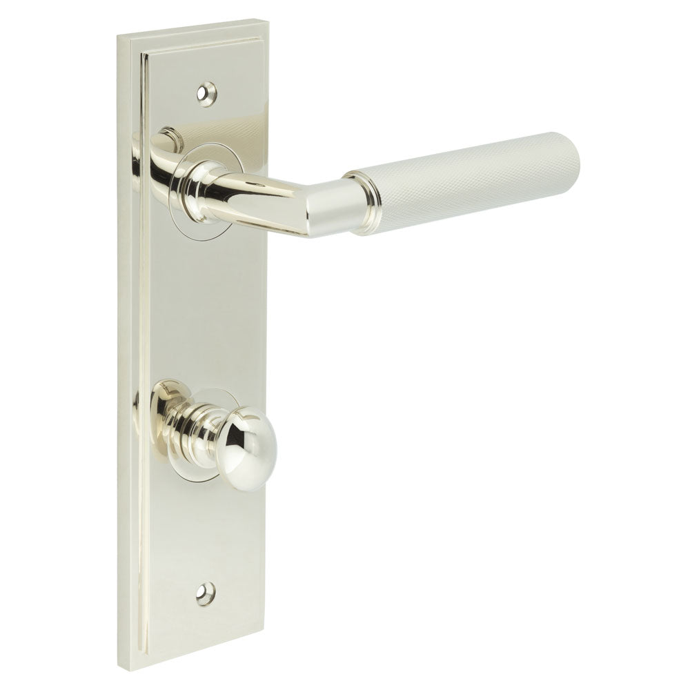 This is an image showing the Frelan - Piccadilly Door Handle Bathroom Din Backplate Polished Nickel & Turn & Release available to order from T.H. Wiggans Ironmongery in Kendal