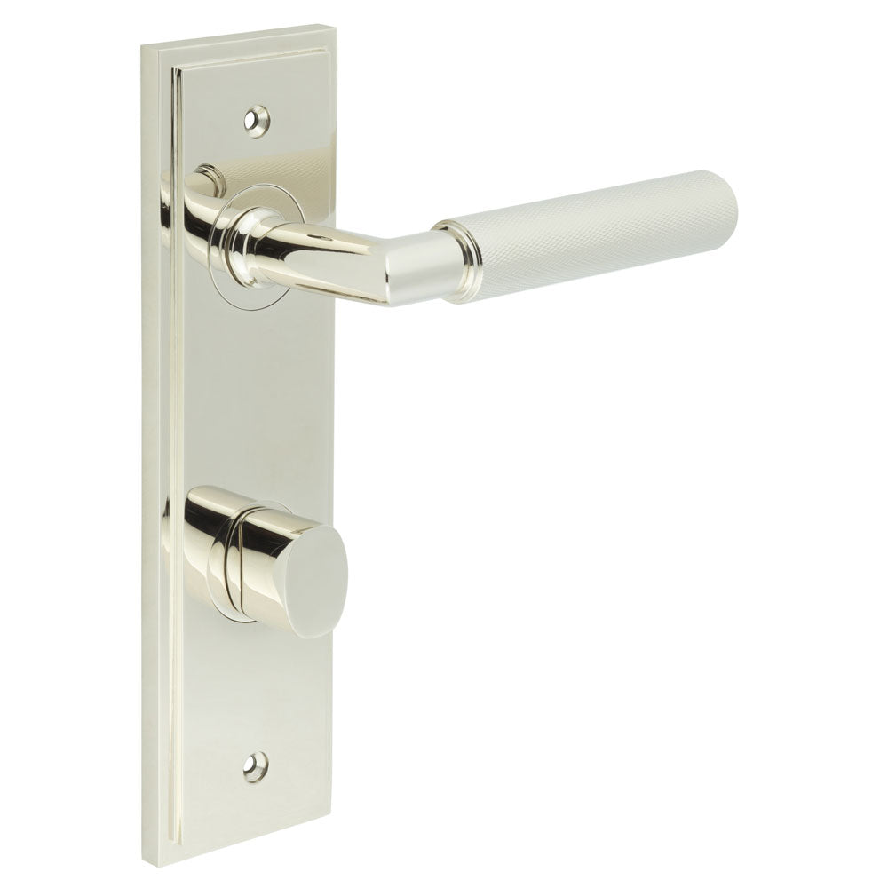 This is an image showing the Frelan - Piccadilly Door Handle Bathroom Din Backplate Polished Nickel & Turn & Release available to order from T.H. Wiggans Ironmongery in Kendal