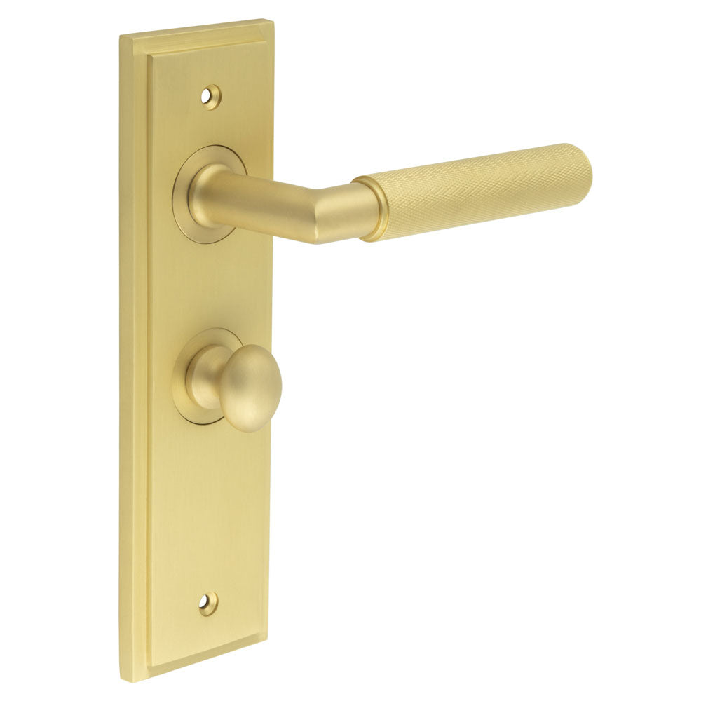 This is an image showing the Frelan - Piccadilly Door Handle Bathroom Backplate Satin Brass & Turn & Release available to order from T.H. Wiggans Ironmongery in Kendal