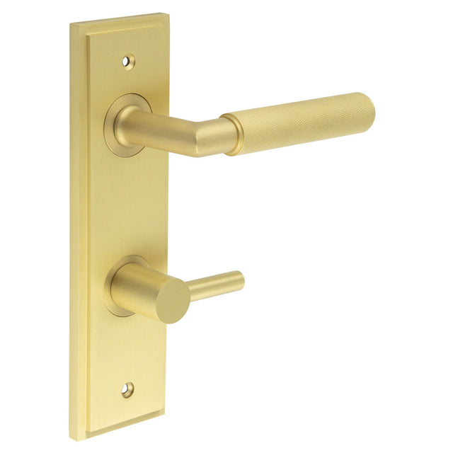 This is an image showing the Frelan - Piccadilly Door Handle Bathroom Din Backplate Satin Brass & Turn & Release available to order from T.H. Wiggans Ironmongery in Kendal