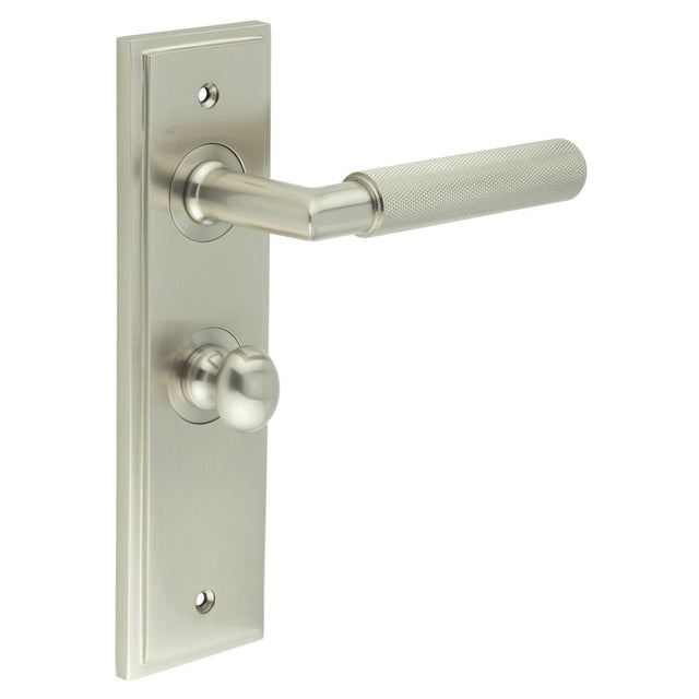 This is an image showing the Frelan - Piccadilly Door Handle Bathroom Backplate Satin Nickel & Turn & Release available to order from T.H. Wiggans Ironmongery in Kendal